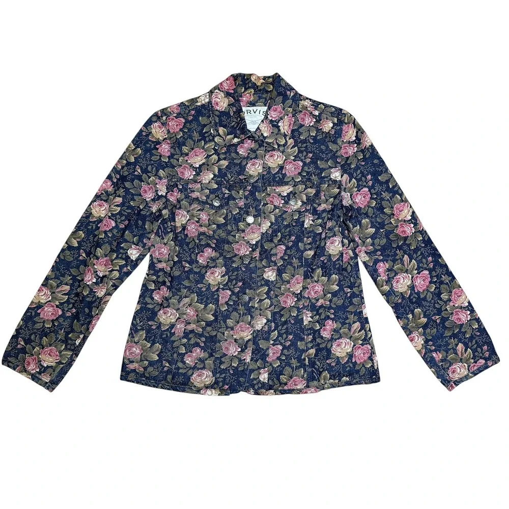 Orvis Floral Denim Jean Jacket Skirt Set Roses Button Up Y2K Cottagecore Grandma